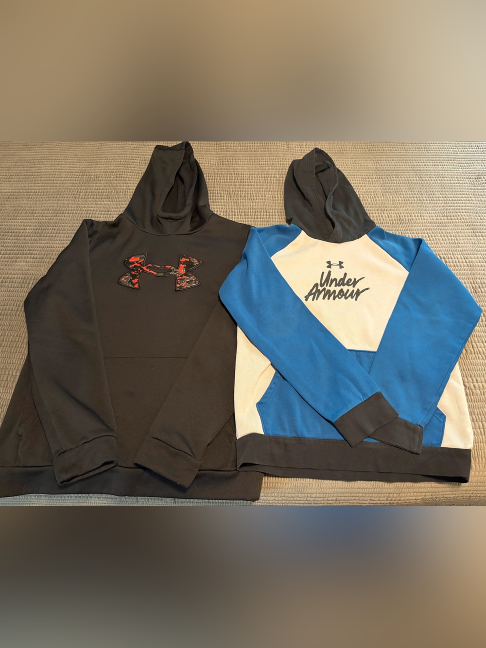Under Armour Black Hoodie with Red Camo Logo and Blue/White Athletic Hoodie